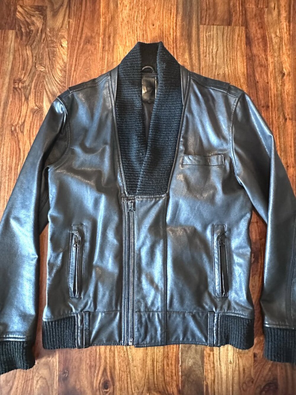 Vintage Public School, Black Leather Bomber w/ Knit Collar, Men Size L